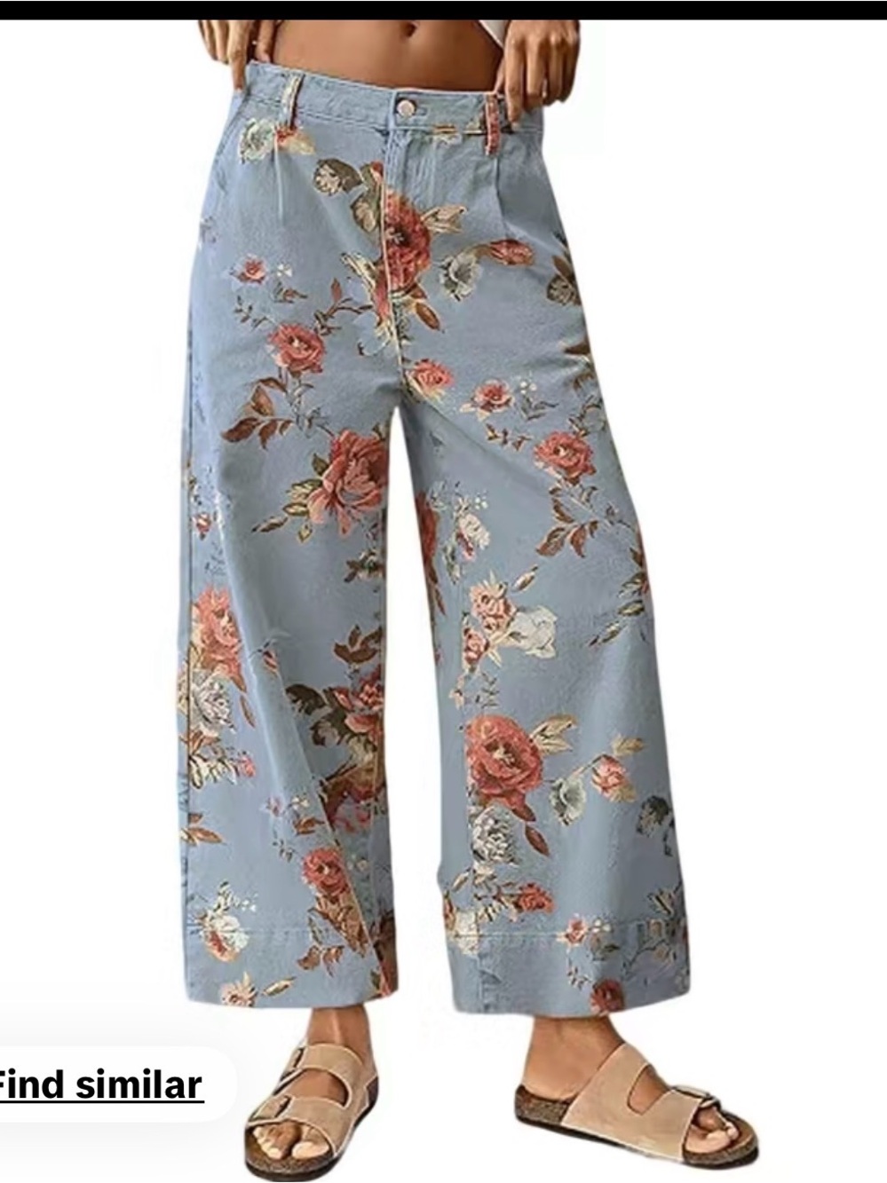 Chou Yao Floral Cropped Jeans for Women — Light Blue with Pink Roses
